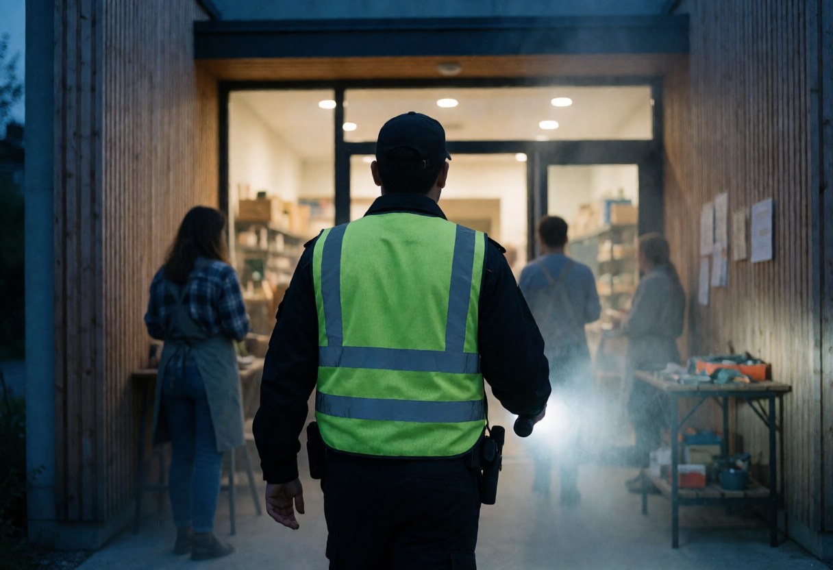 A security guard conducts a night patrol at a business entrance, holding a flashlight to illuminate the wooden wall and interior lights.