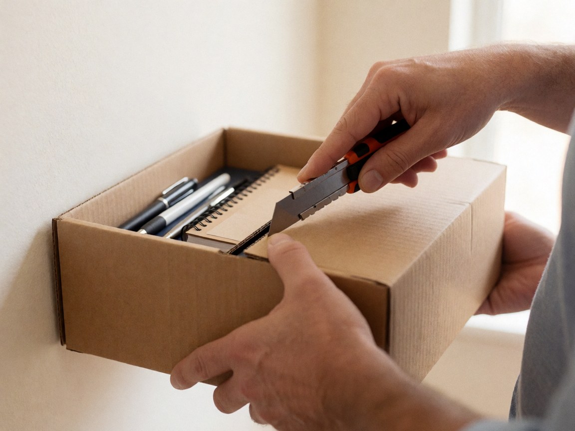 Close-up of hands using a utility knife to cut open a cardboard box while unpacking office supplies like pens and notebooks for a new business location