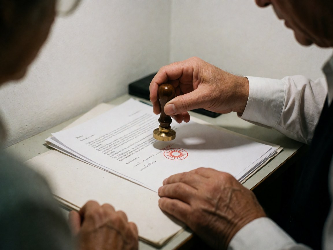 Close-up of a lawyer's hand using a bronze seal to stamp an official document on a desk in a white office.