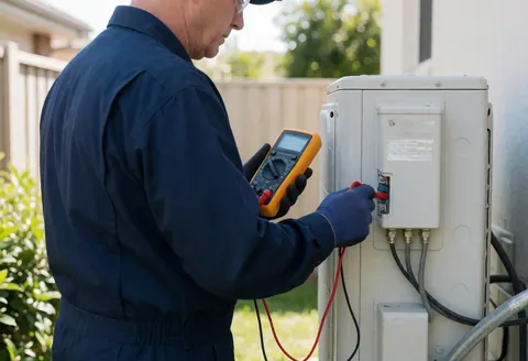 Technician wearing gloves and safety glasses checks an outdoor AC unit with a multimeter in a sunny garden.
