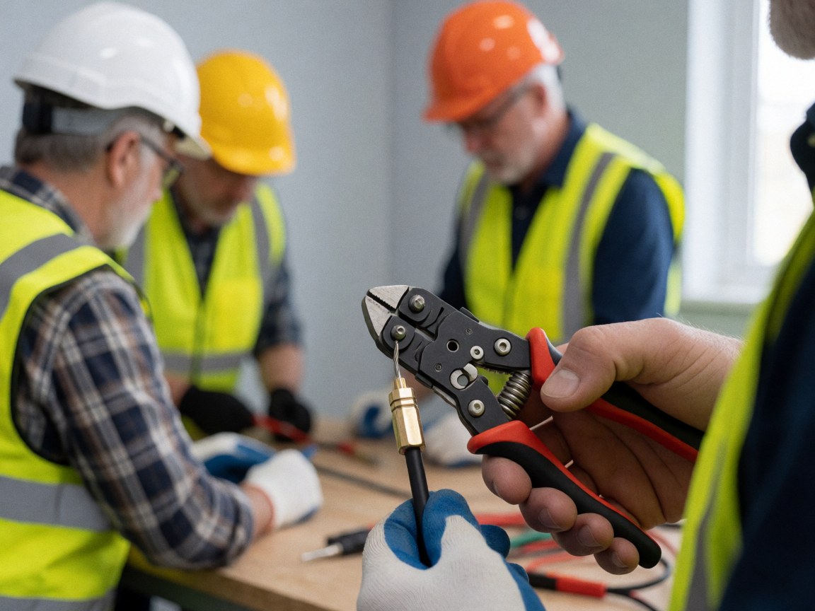 Gloved hands using a cable cutter on a work table with other workers wearing helmets and vests in the background