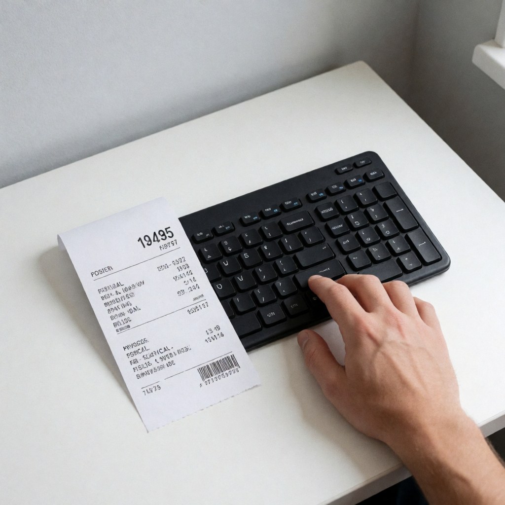 Close-up view of printed fiscal receipts and digital files next to a black keyboard on a clean white office desk for legal tax management