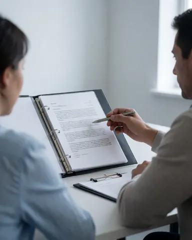 A lawyer and a smiling client review a contract at a modern office desk with natural light and white walls.