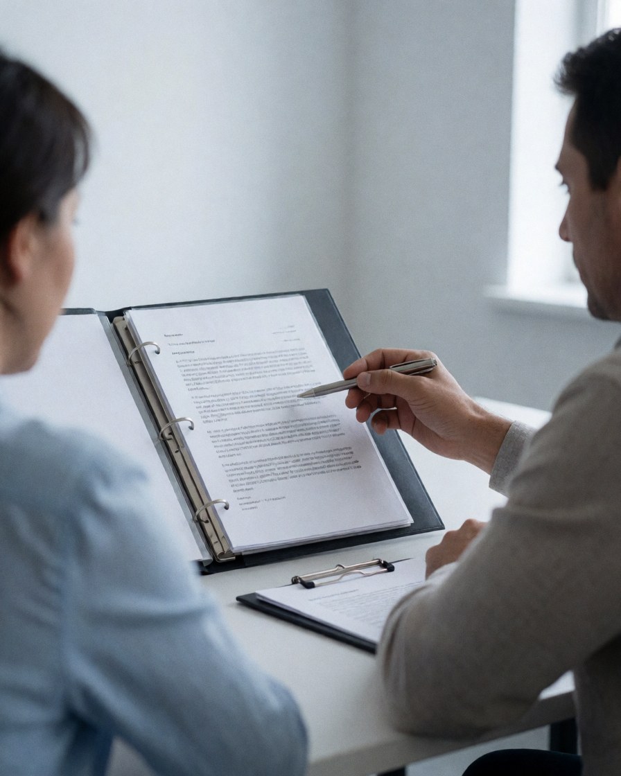 A lawyer and a smiling client review a contract at a modern office desk with natural light and white walls.