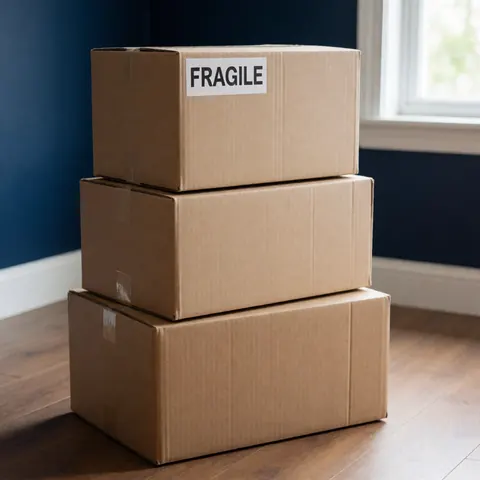 A neat stack of brown cardboard boxes prepared for a moving company, ready for transport and storage.