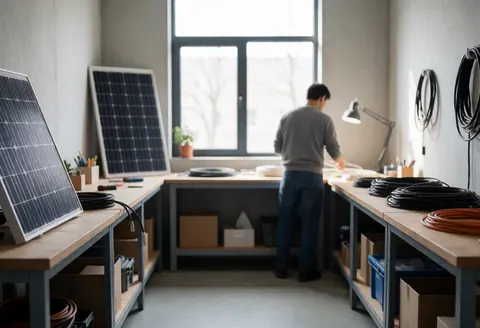Interior of a solar workshop featuring photovoltaic panels, organized wiring, and a person working at a table under natural light.