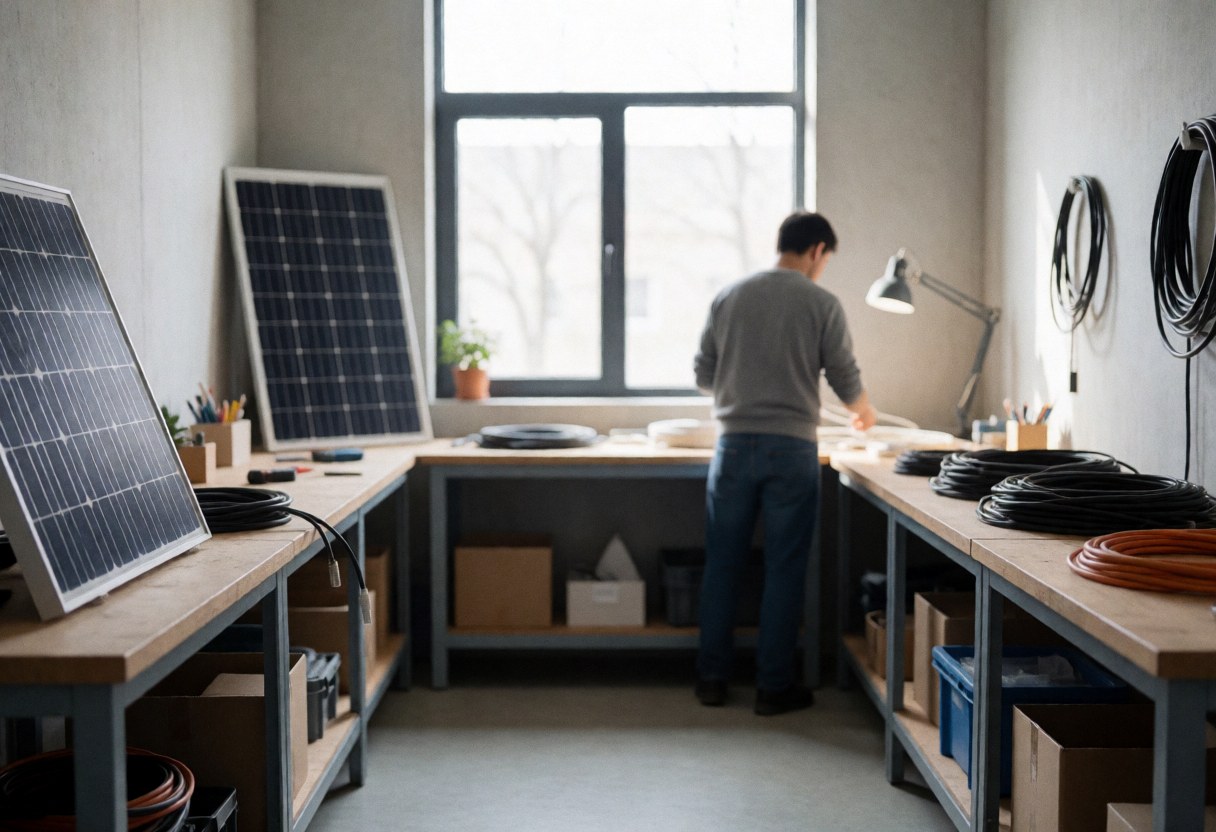 Interior of a solar workshop featuring photovoltaic panels, organized wiring, and a person working at a table under natural light.