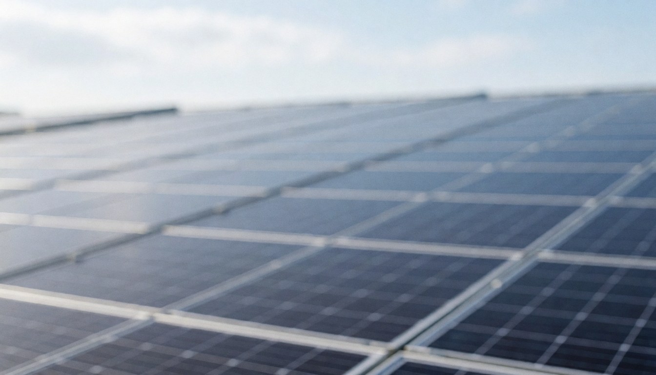 Soft focus industrial rooftop texture with solar panels, ideal for text overlay in solar energy business marketing materials