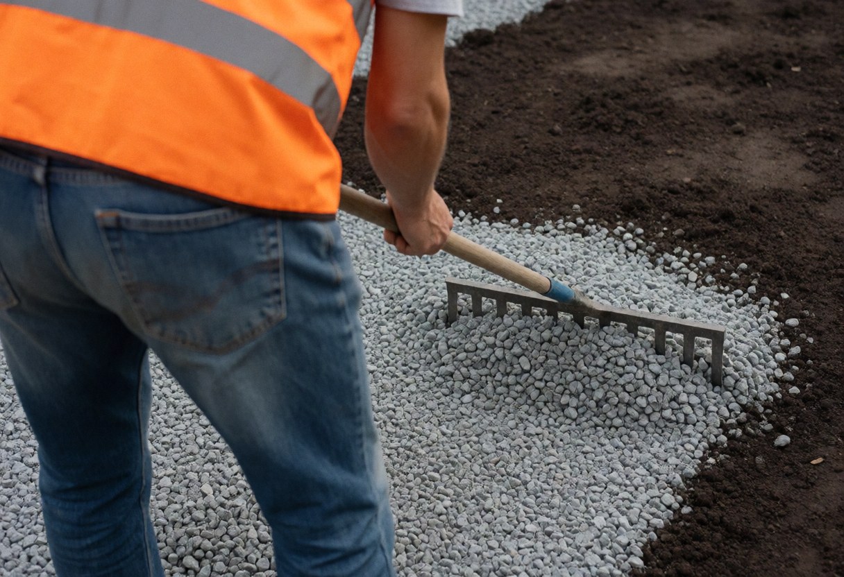 Worker in orange vest and jeans spreading gray gravel over dark soil, realistic landscaping scene with visible tool and outdoor manual labor