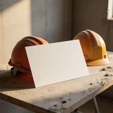 White business card on a work table with safety helmets, concrete walls, and warm lighting, ideal for construction services.