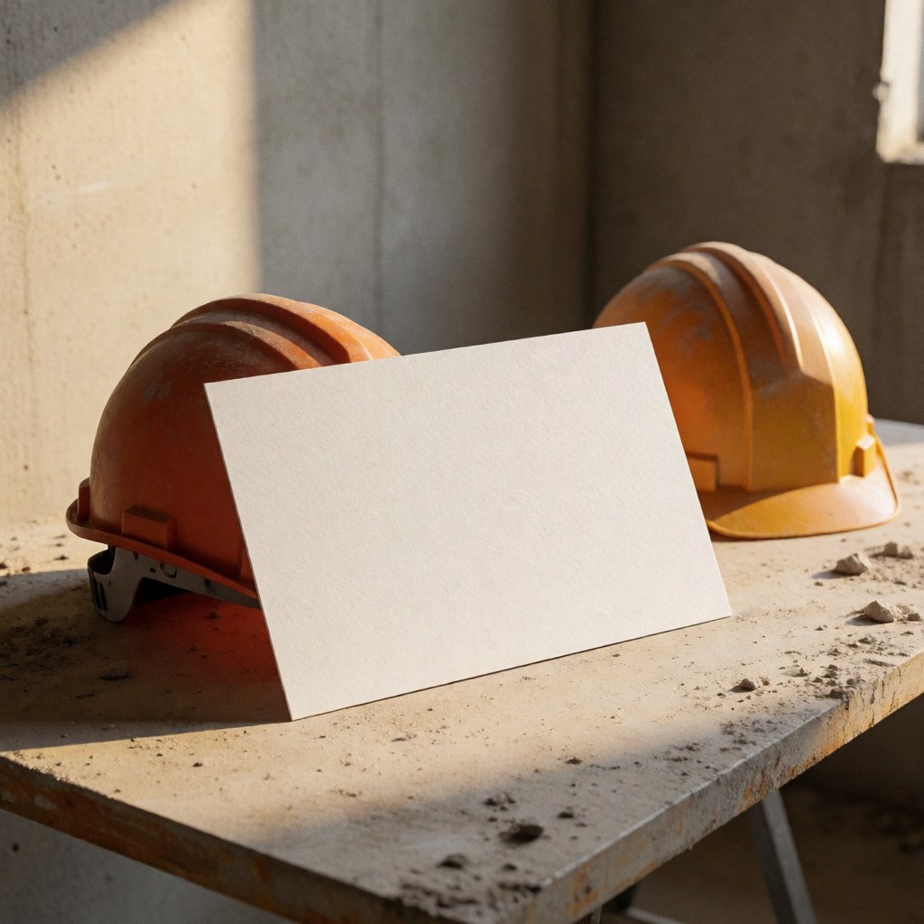White business card on a work table with safety helmets, concrete walls, and warm lighting, ideal for construction services.