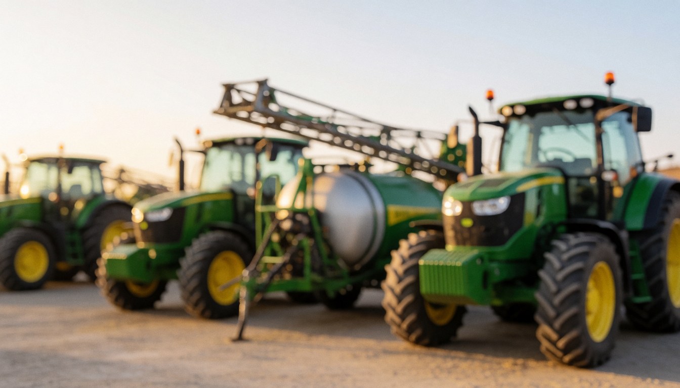 Green and yellow tractors and sprayers in a field with golden sunset light, ideal for agricultural business text backgrounds