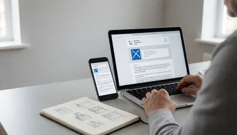 Professional working on email design for a marketing agency, with computer and mobile showing the same layout, sketchbook and natural light.