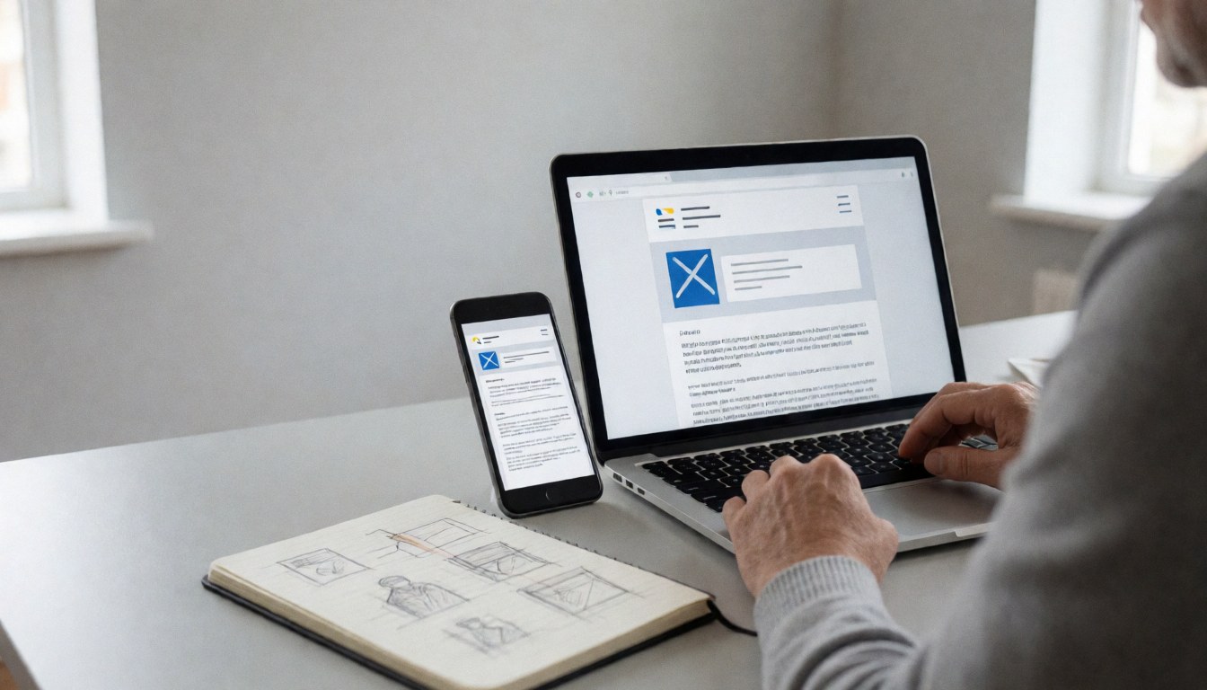 Professional working on email design for a marketing agency, with computer and mobile showing the same layout, sketchbook and natural light.