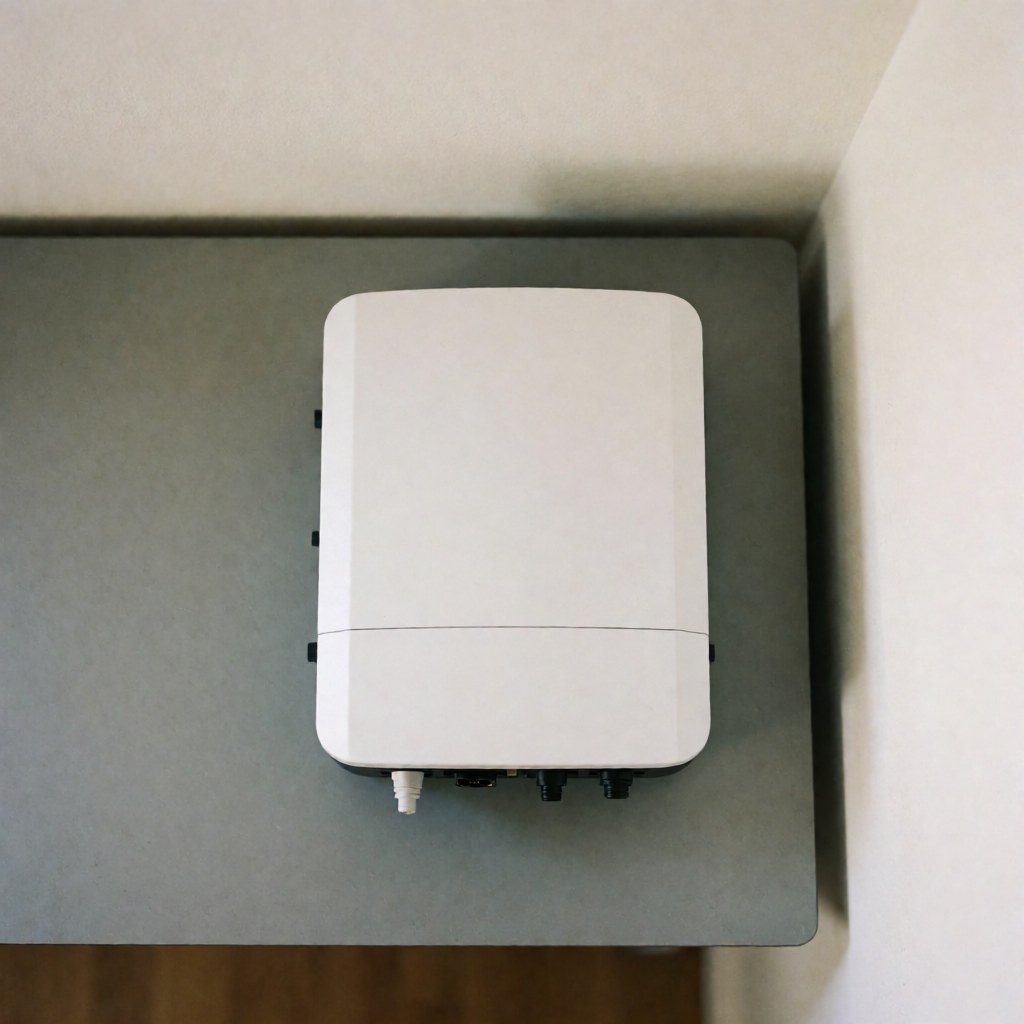 Compact white solar inverter with minimalist design on a gray surface, ideal for residential and small business installations, featuring clean uniform lighting.