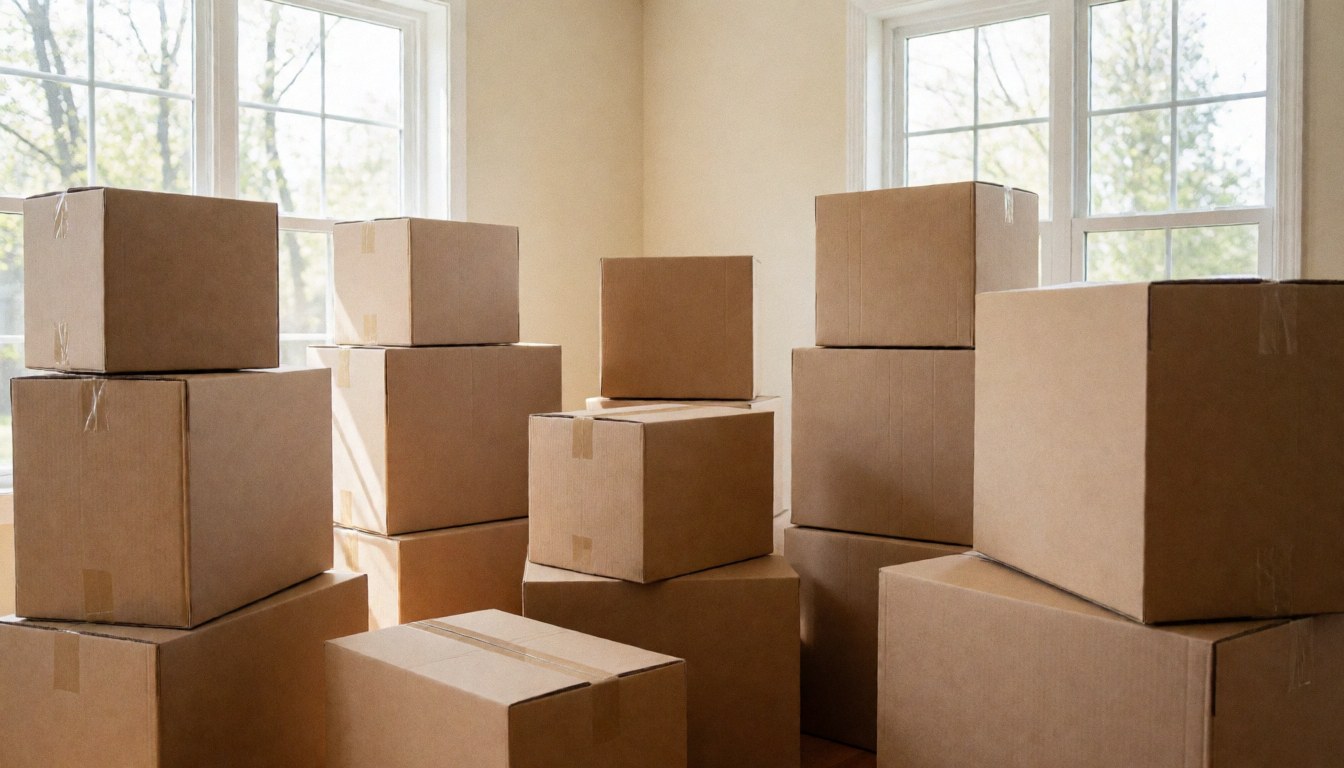 Cardboard moving boxes stacked neatly in a bright living room with windows, ready for a residential move