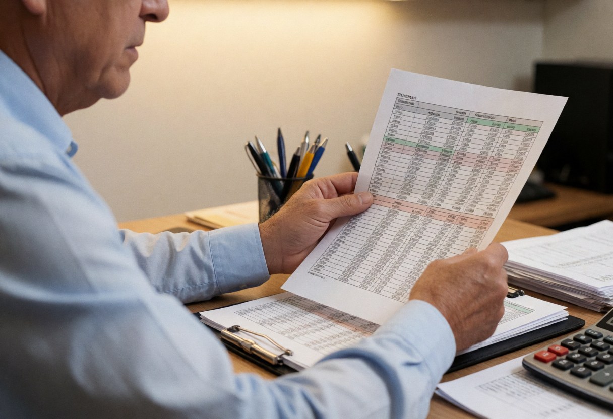 A close-up view of a desk with financial documents, a calculator, and a pen, illustrating the process of reviewing interest rates for banking services.