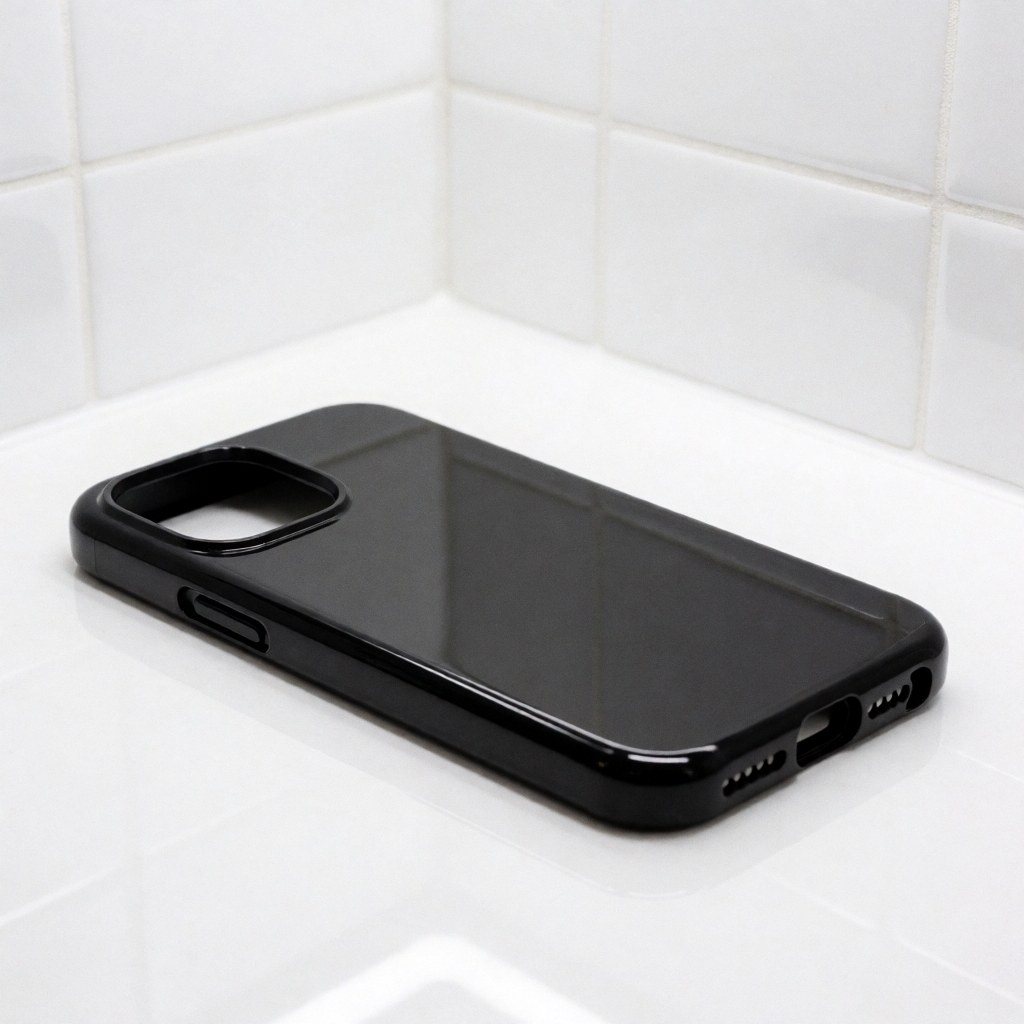 A sleek black protective phone case with a modern design rests on a clean white tiled surface, showcasing premium ceramic texture and subtle reflections for product marketing.