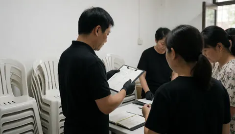 Event planner wearing black gloves reviews a checklist on a table with stacked white chairs, showcasing professional event setup and organization.