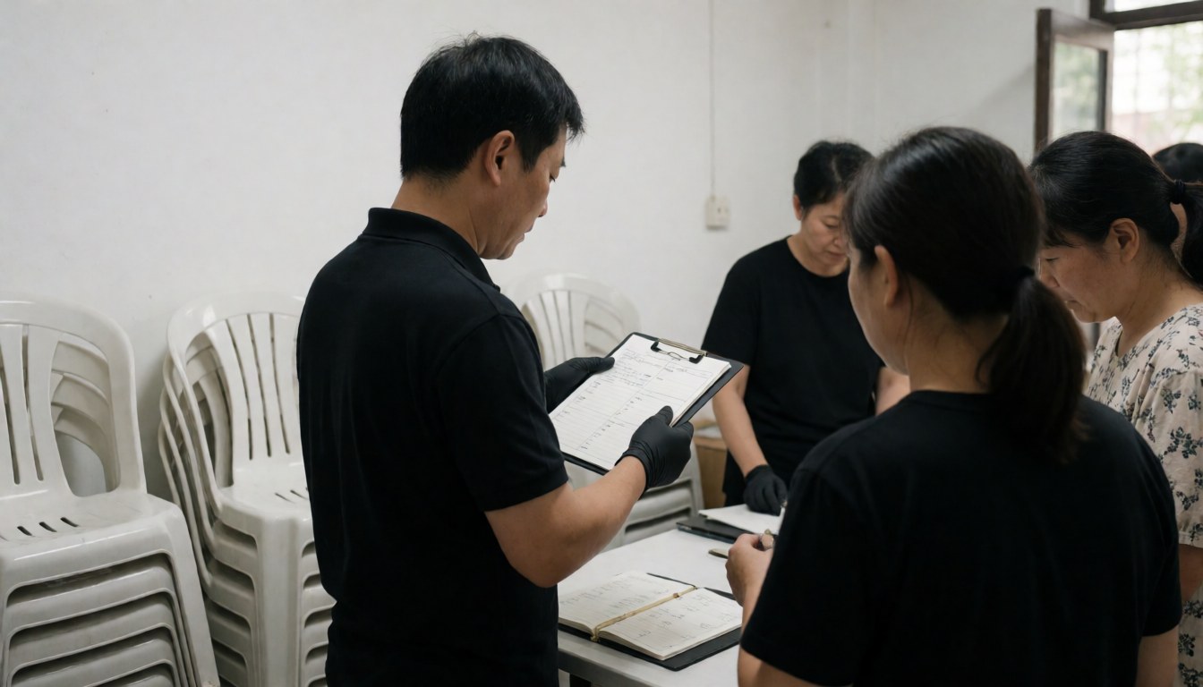 Event planner wearing black gloves reviews a checklist on a table with stacked white chairs, showcasing professional event setup and organization.