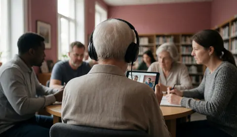 Senior adult wearing headphones watching a language lesson on a tablet in a pink-walled library with other students