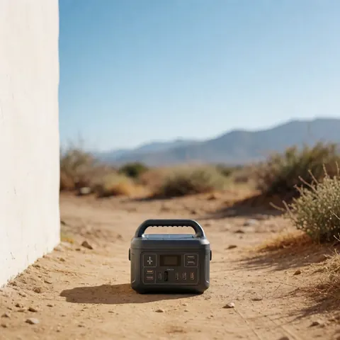 Portable solar charger with multiple USB ports resting on a dirt path in an arid landscape with mountains and blue sky, ideal for camping or travel.