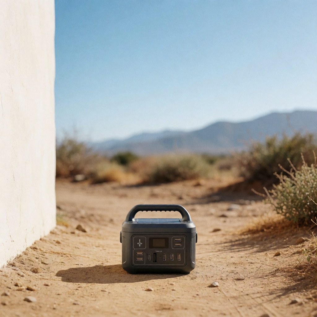 Portable solar charger with multiple USB ports resting on a dirt path in an arid landscape with mountains and blue sky, ideal for camping or travel.