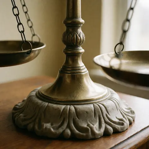 Close-up of the wooden base of a bronze justice scale on a table, showing visible texture and patina with natural lighting and beige walls.