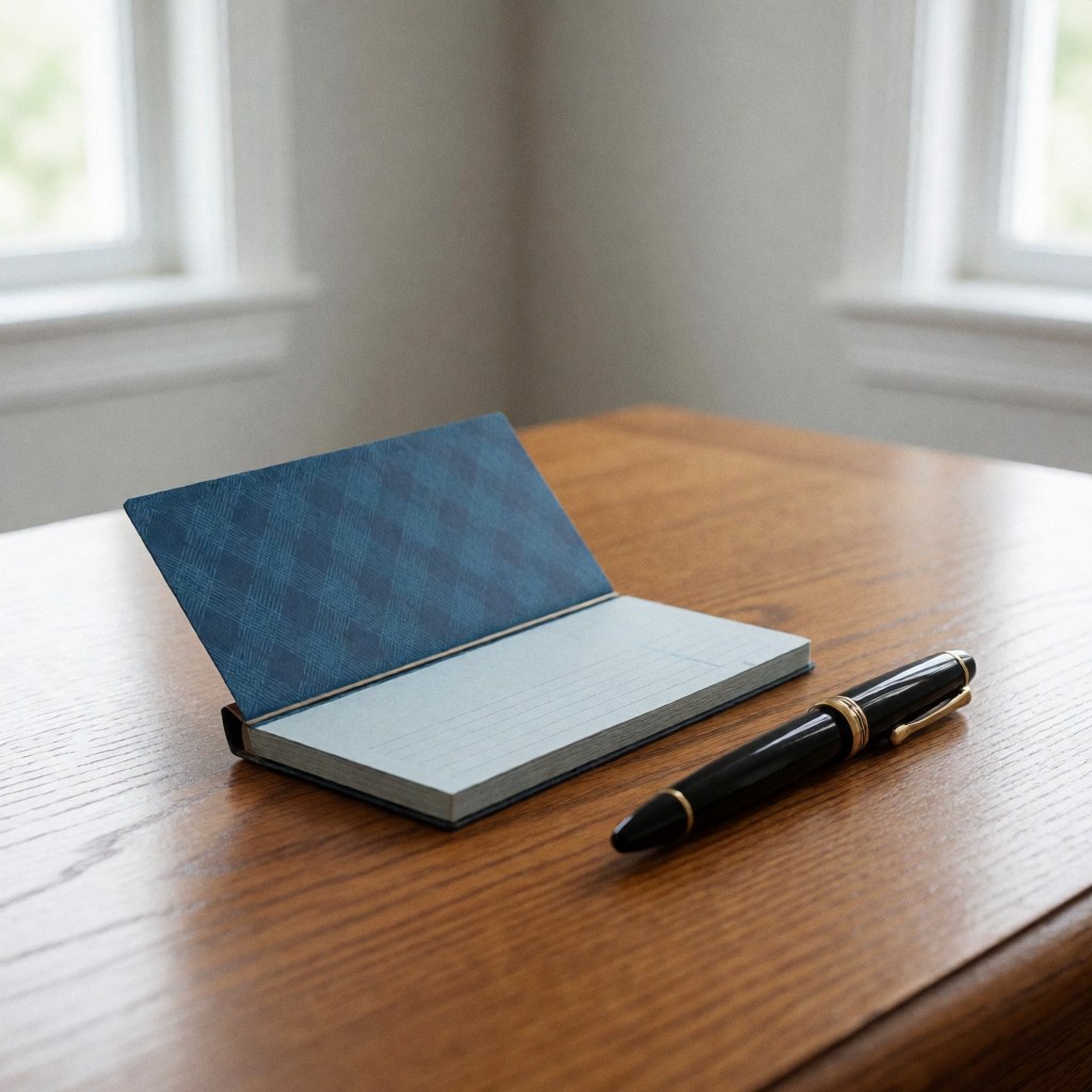 A traditional checkbook and pen resting on a wooden desk near a window with natural light, symbolizing banking and financial reliability.