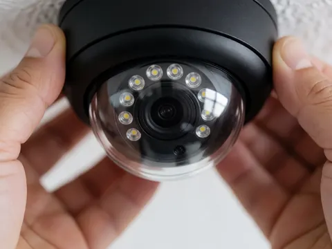 Detailed macro view of a security dome camera lens showing infrared technology and installation details