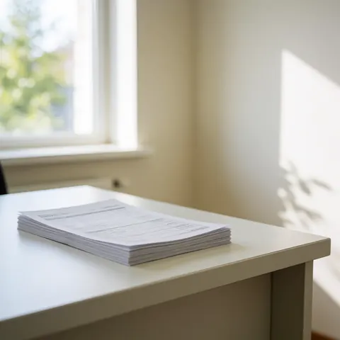 A set of visa application forms neatly arranged on a white desk near a window with natural light