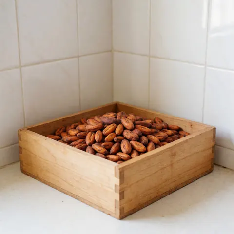 Close-up view of raw cacao beans undergoing natural fermentation inside a rustic wooden crate placed on a white tiled surface
