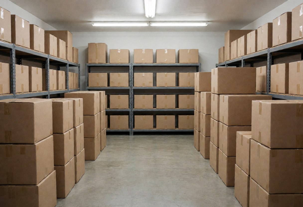 Metal shelving units filled with stacked and packed cardboard boxes in a clean, well-lit moving company storage facility.