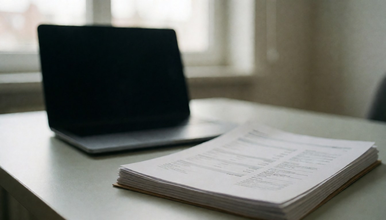 A tidy office desk featuring a laptop and a stack of documents, bathed in natural light, serving as a professional background for consulting services.