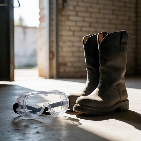 Close-up of safety goggles and work boots on a concrete surface with sunlight, representing industrial protection and consulting services.