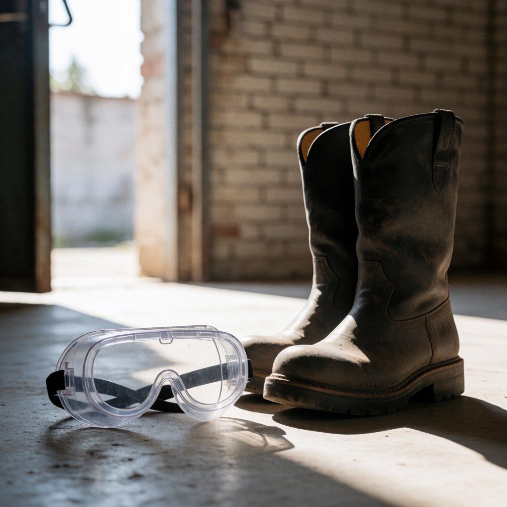 Close-up of safety goggles and work boots on a concrete surface with sunlight, representing industrial protection and consulting services.