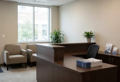 Clean and professional reception desk in a beige consulting office with wooden furniture, plants, and brochures near a window