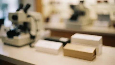 Blurred background of eyeglass boxes and optical equipment on a counter, suitable for text overlay