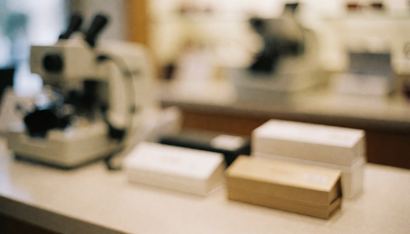 Blurred background of eyeglass boxes and optical equipment on a counter, suitable for text overlay