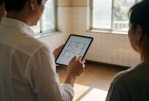A real estate professional examines architectural plans on a digital tablet while standing in a bright room with natural light and wooden accents.