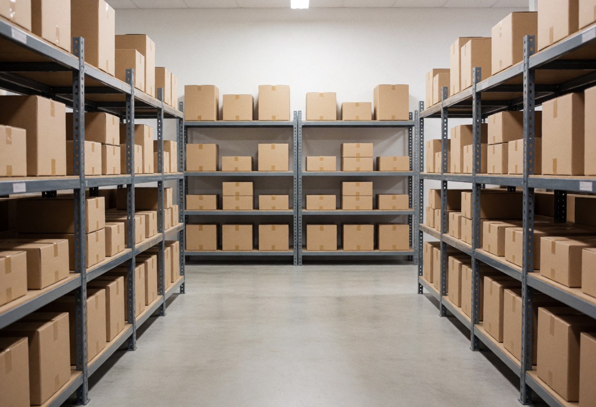 Neat online store warehouse featuring metal shelving units stacked with cardboard boxes on a concrete floor under even lighting