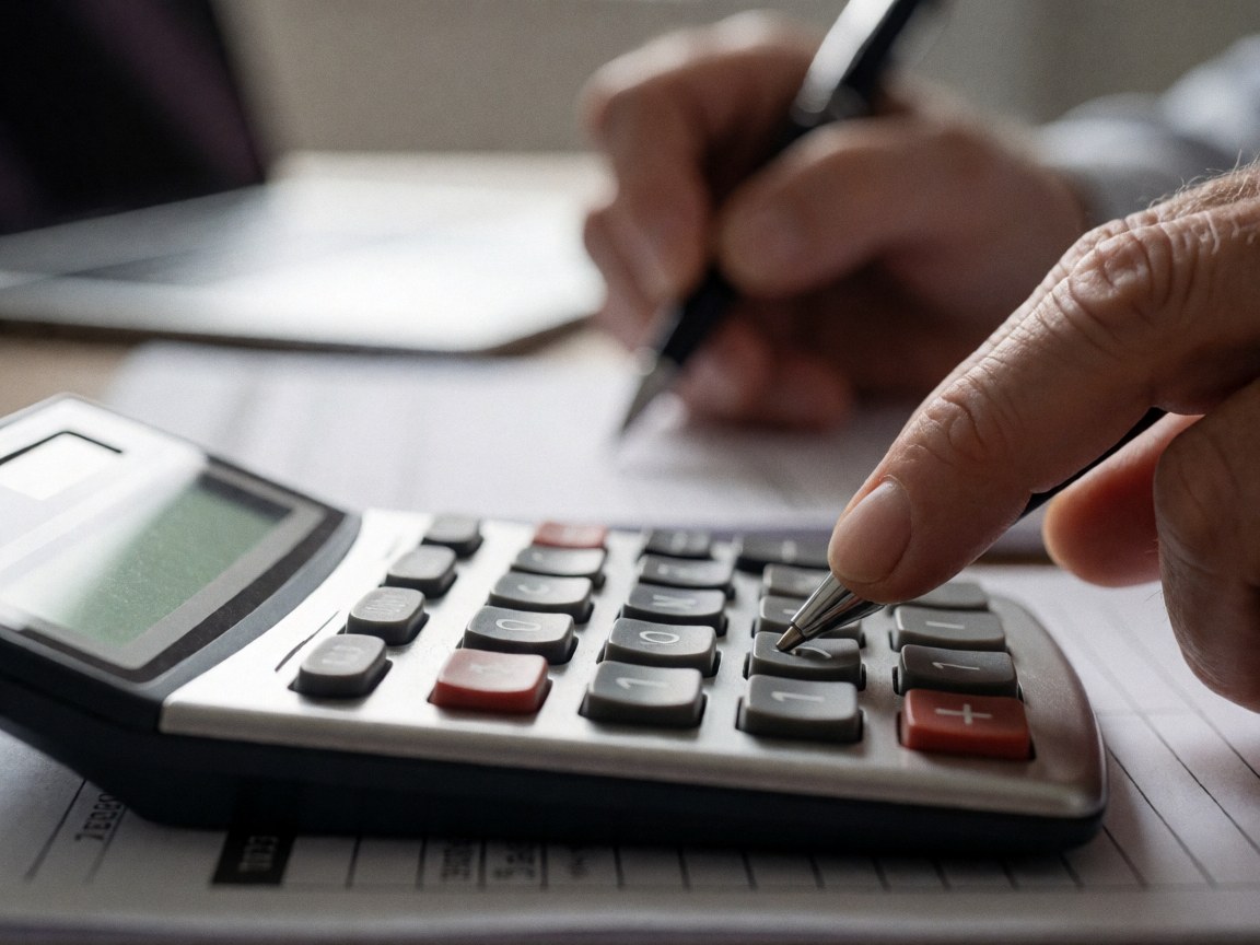 A close-up view of a calculator, pen, and financial documents arranged on a professional office desk surface.