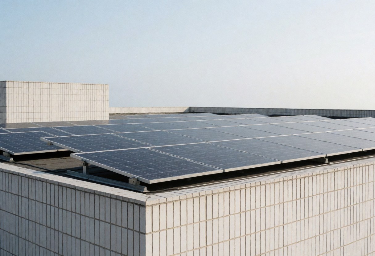 A wide view of solar panels mounted on the flat roof of a commercial building against a clear blue sky, showcasing renewable energy infrastructure.