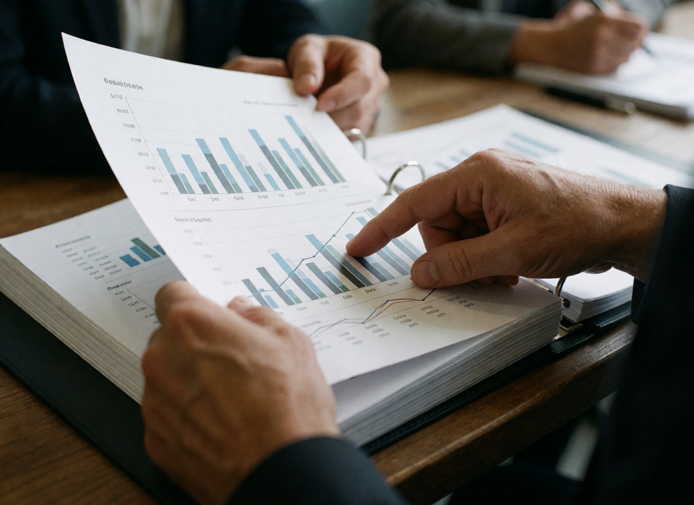 Close-up view of hands reviewing financial reports and charts on a wooden office desk, highlighting business consulting and data analysis.
