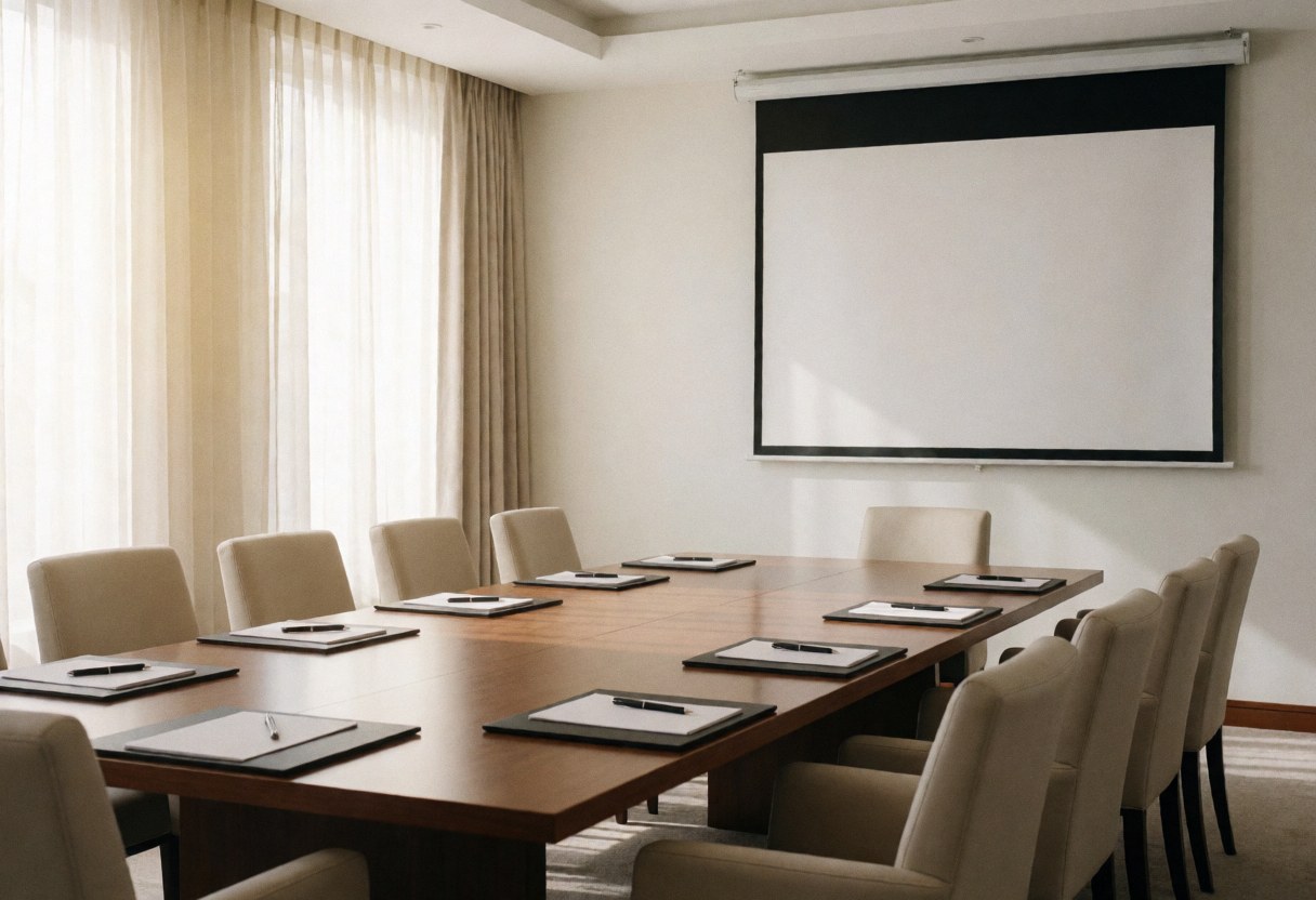 Empty conference room featuring a long wooden table, comfortable chairs, a projected screen, and natural light from a window, ready for a business presentation or training session.