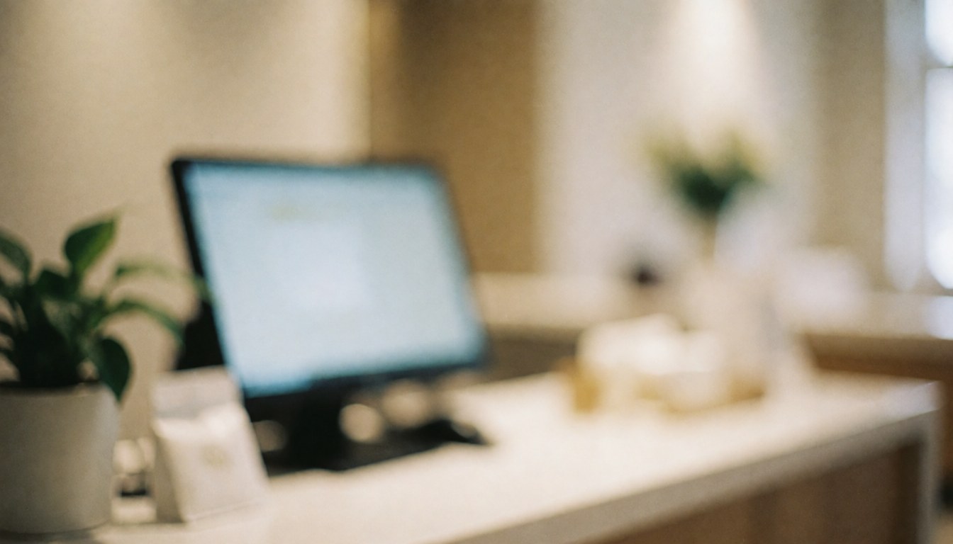 A soft beige reception desk with a computer and a plant, ideal as a calm and luxurious background for text in spa and massage business materials