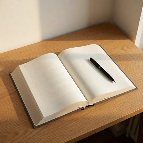 An open language textbook lies flat on a wooden desk surface next to a blue pen, illuminated by natural light, suitable for educational or language school contexts.