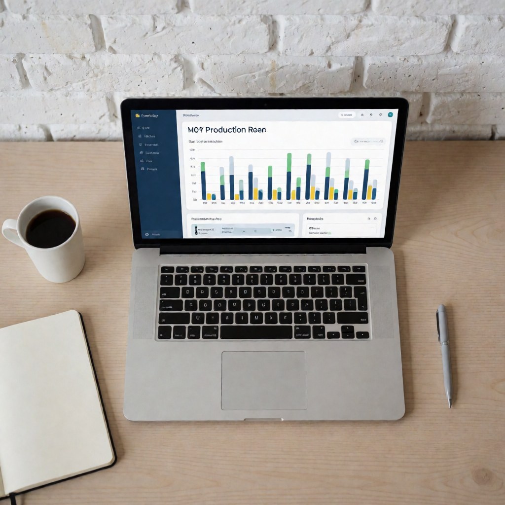 Laptop displaying solar monitoring interface with monthly production graphs, coffee cup, notebook, and pen on wooden desk with white brick wall.