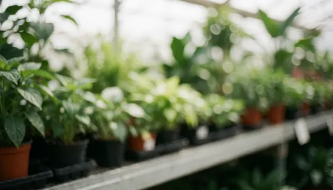 Soft focus background of a greenhouse shelf with green potted plants, ideal for online plant store text overlays with diffused light and bokeh effect.