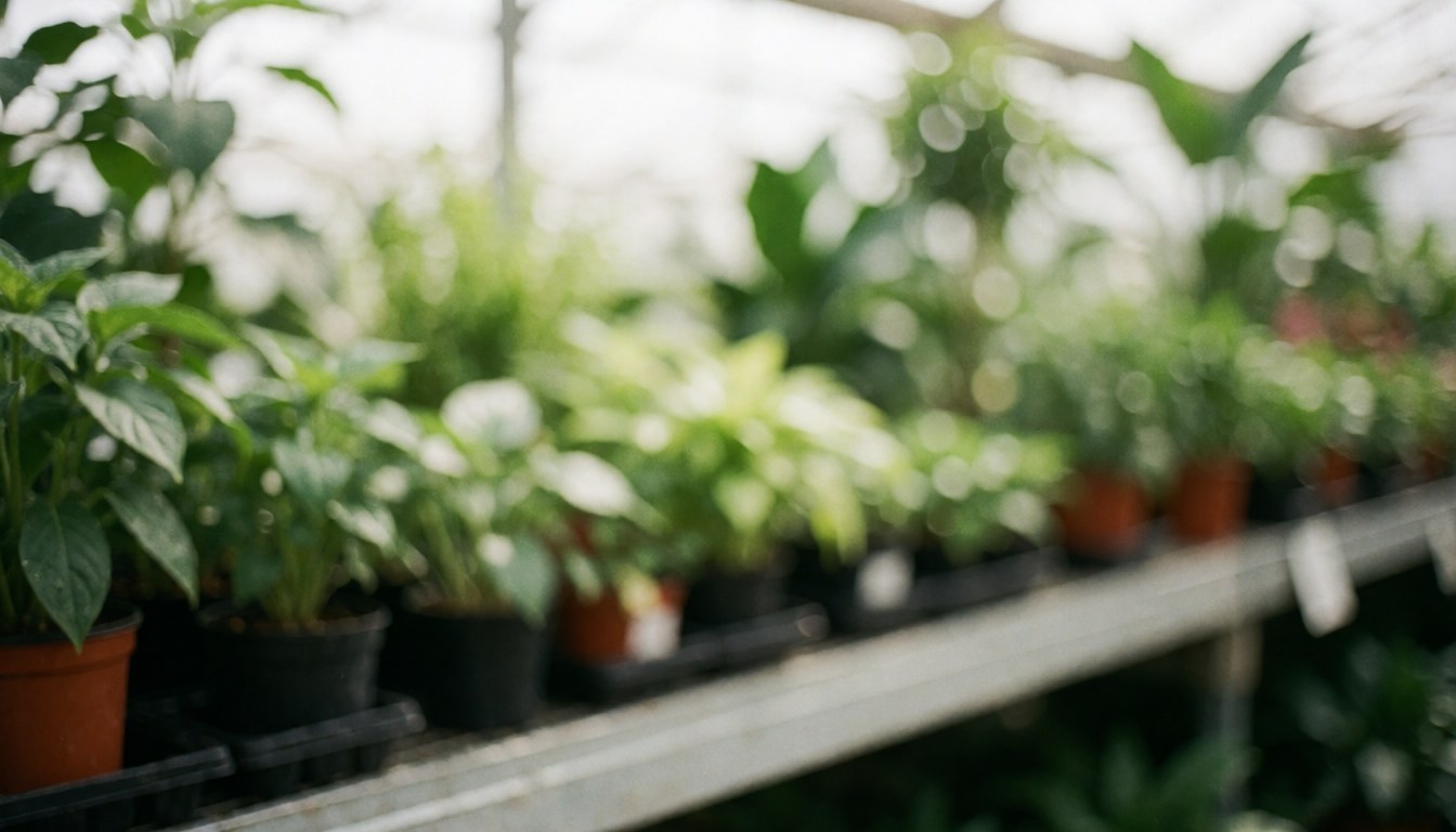 Soft focus background of a greenhouse shelf with green potted plants, ideal for online plant store text overlays with diffused light and bokeh effect.